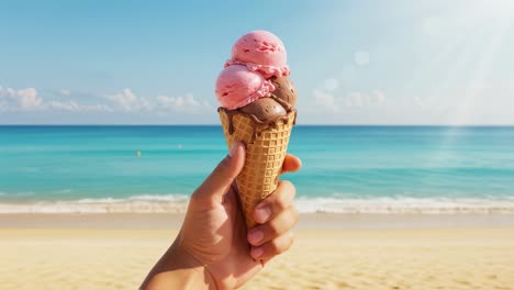 savoring a delightful ice cream cone while basking in the warm sun on a beautiful beach with crystal-clear blue waters