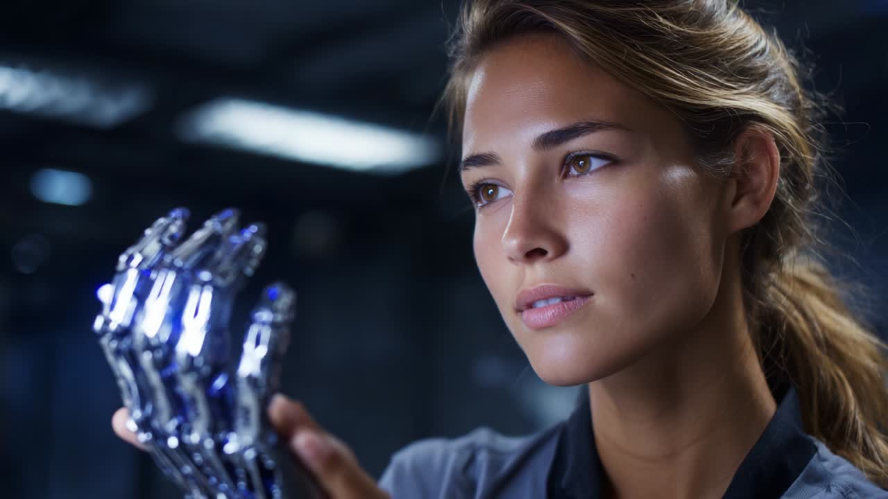 A close examination of a futuristic robotic hand as a woman thoughtfully contemplates its design and functionality, showcasing the intersection of technology and human emotion in a modern research environment