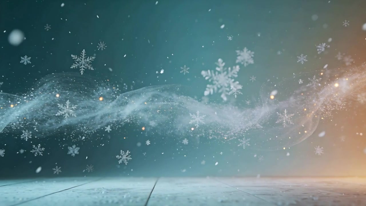 Emergendo da destra sul pavimento dello studio, un nastro di nebbia trascina fiocchi di neve e un bagliore dorato, evocando l'atmosfera natalizia.