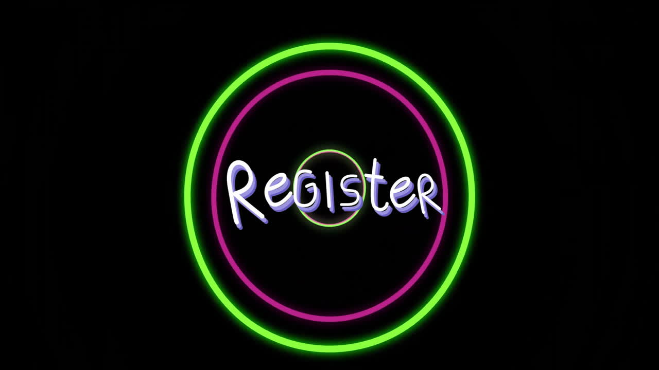 Glowing circle with neon register text on dark background in animation style