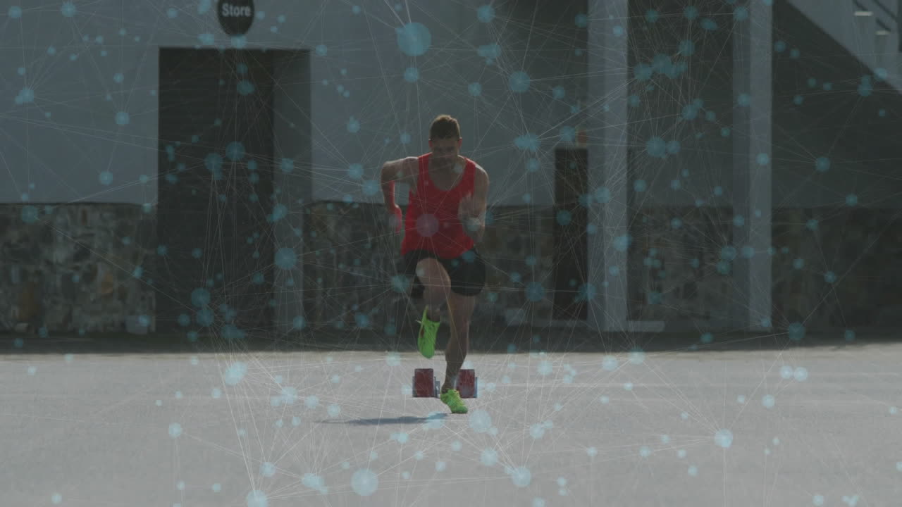 Sprinting outdoors, athlete with network connections overlay in dynamic motion