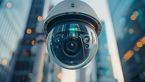 close-up of a modern dome security camera in an urban environment