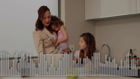 Bar-chart-animation-over-mother-holding-child-and-another-child-sitting-in-kitchen