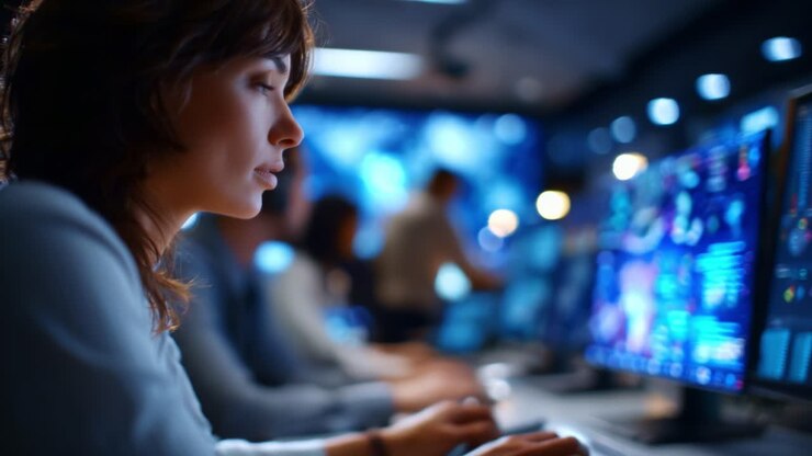 Focused Individual Engaged with Multiple Computer Displays in a High-Tech Environment, Showcasing Modern Technology and Analytics in Action
