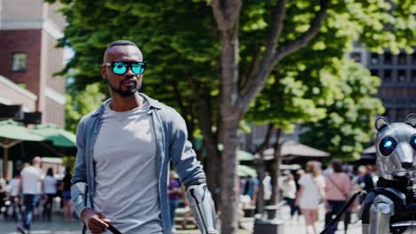 man with a prosthetic arm walking with a robot