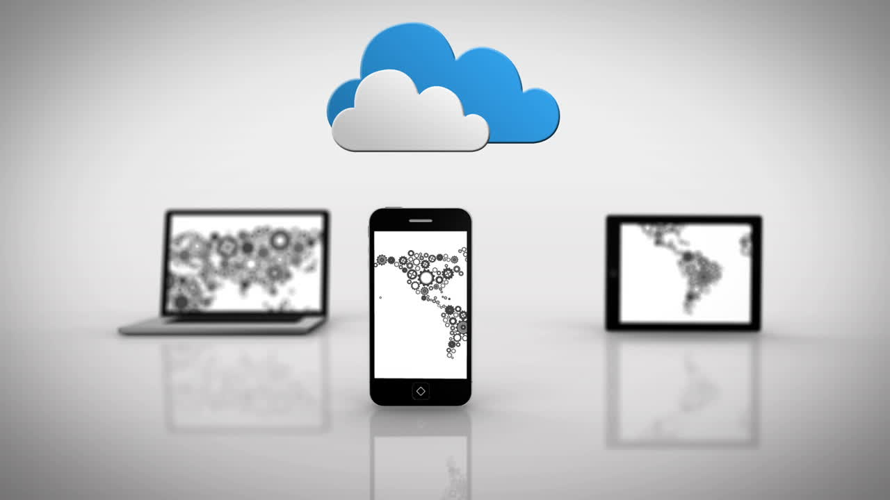 Media devices showing cog map under clouds