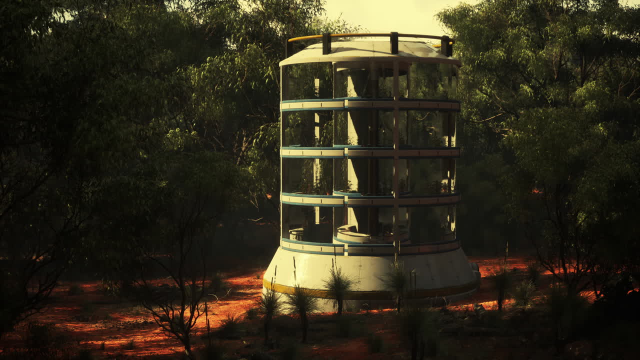 숲 속 의 신비 한 미래적 인 탑