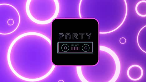 Animation-Von-Partytext-über-Neonkreisen-Auf-Violettem-Hintergrund