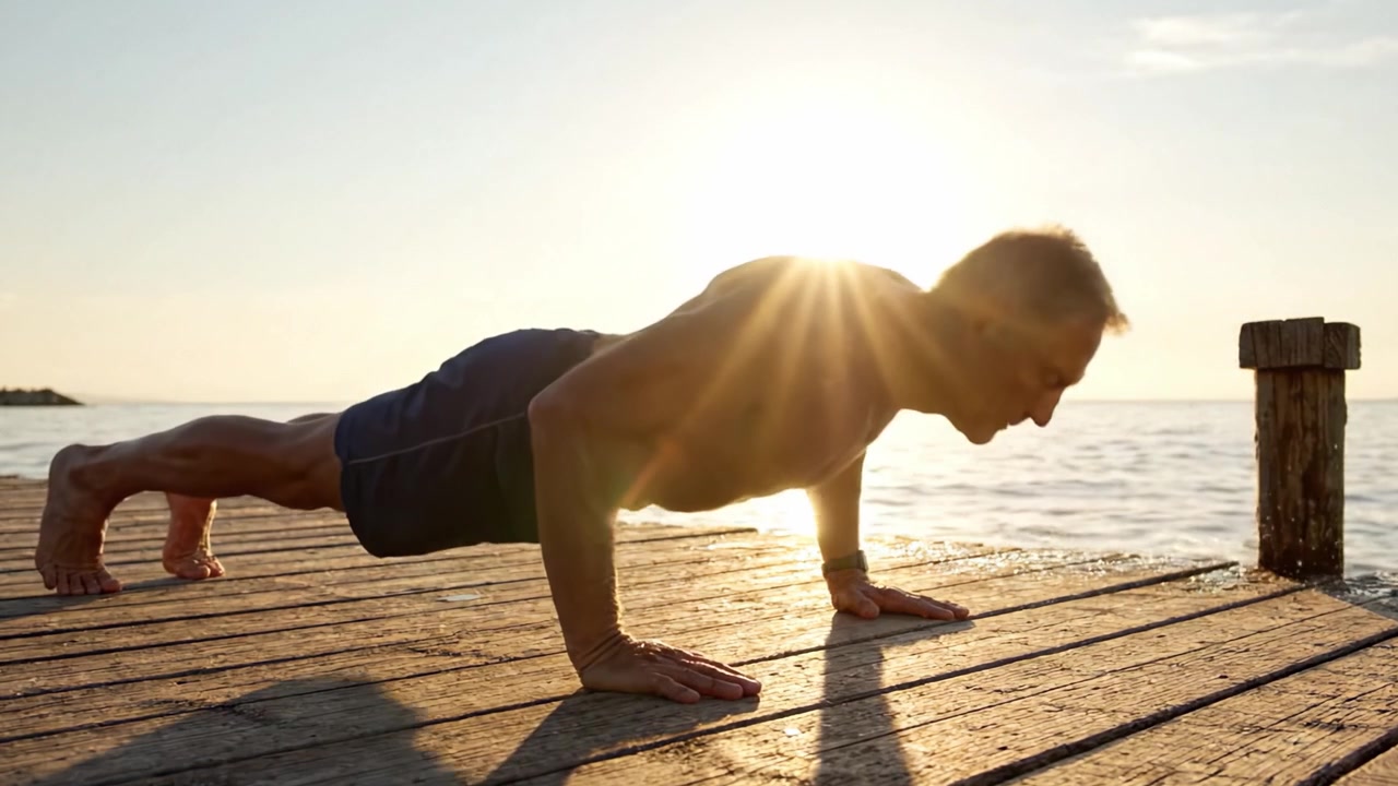 Un individuo si cimenta in un impegnativo esercizio di flessioni su un sereno lungomare al tramonto, mettendo in mostra forza e determinazione in un contesto di fitness all'aperto.