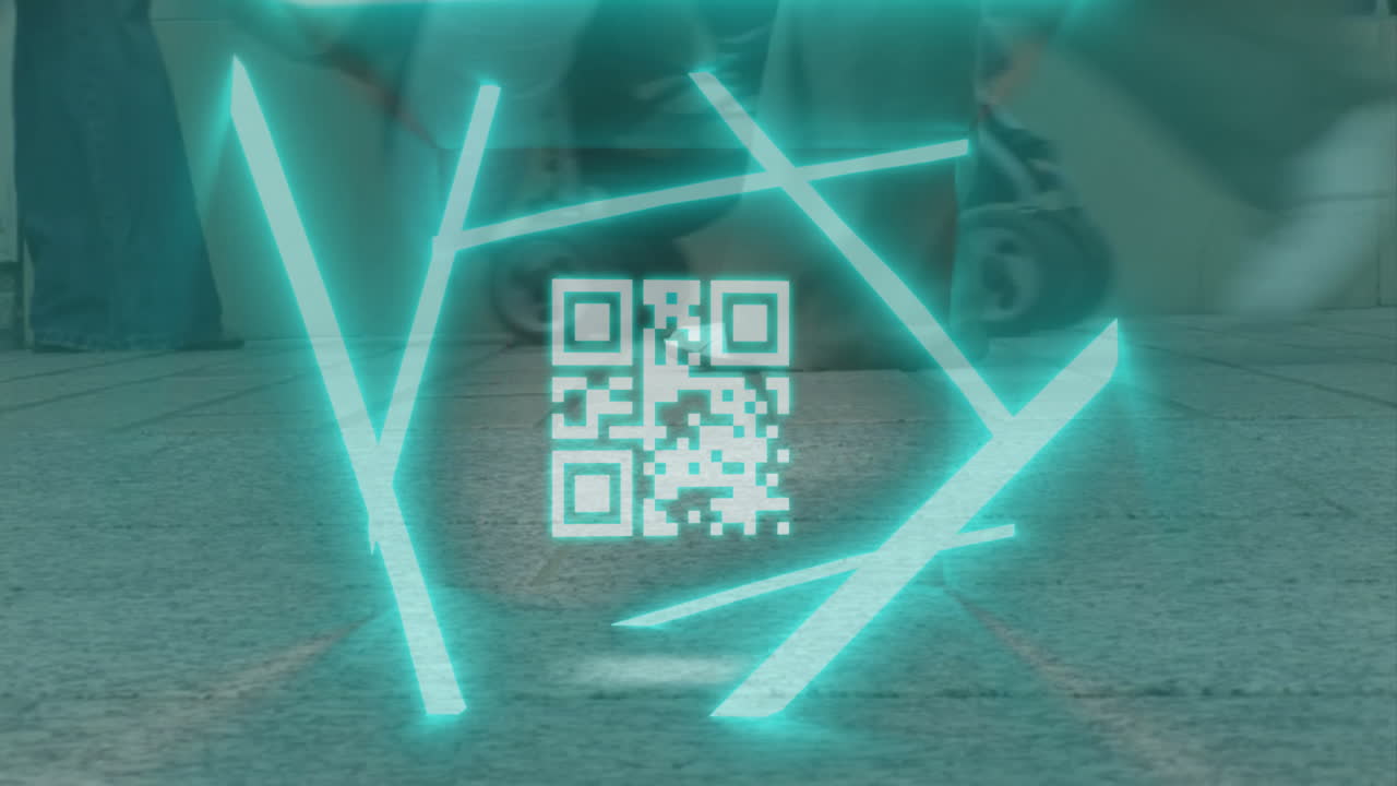 Glowing QR code with blue lines on urban pavement background