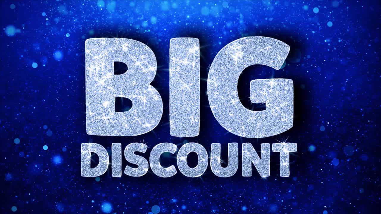 Biglietto d'auguri con testo blu "Grande sconto", sfondo astratto animato in loop con particelle scintillanti e glitterate.