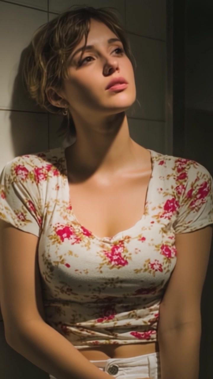 Uma jovem pensativa posa contra uma parede de azulejos, capturada sob iluminação suave. Sua expressão reflete introspecção e elegância, acentuadas por seu traje com estampa floral.