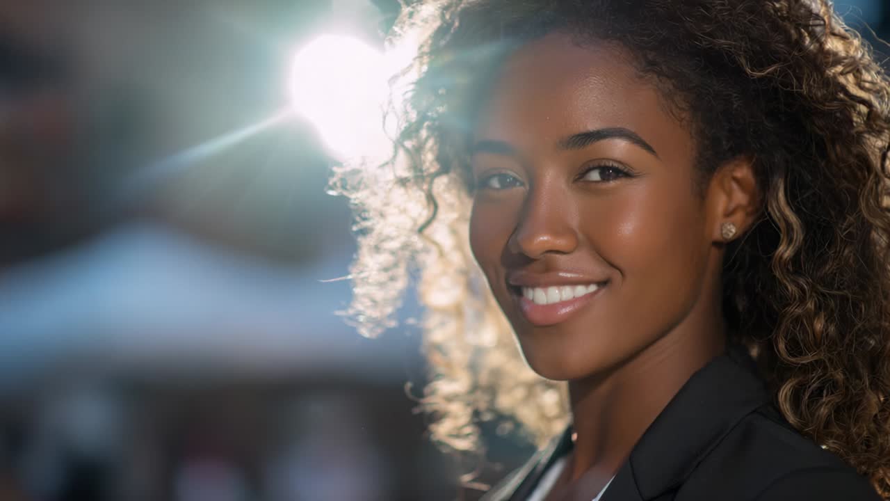 A Bright and Radiant Portrait of a Young Woman with Beautiful Curly Hair, Capturing the Essence of Joy and Confidence in a Beautifully Lit Outdoor Environment