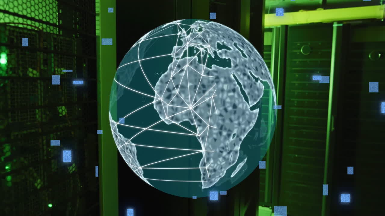 Animation of moving shapes and globe with connections over server room