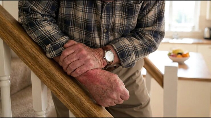 Persona che si strofina il polso e la mano mentre è in piedi accanto a delle scale di legno nel contesto della salute quotidiana