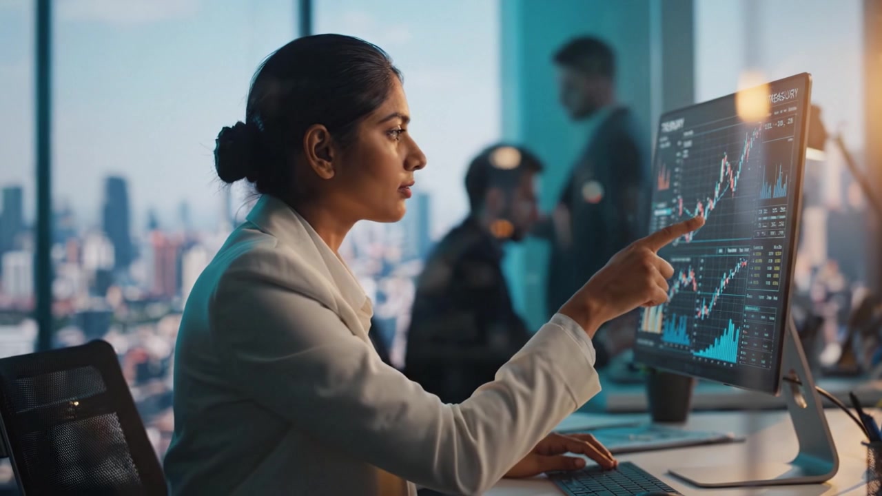 Fokuseret professionel analyserer finansielle data på moderne kontor med udsigt over byen, anvender avanceret teknologi til effektivt at skabe indsigt og understøtte beslutningstagning.