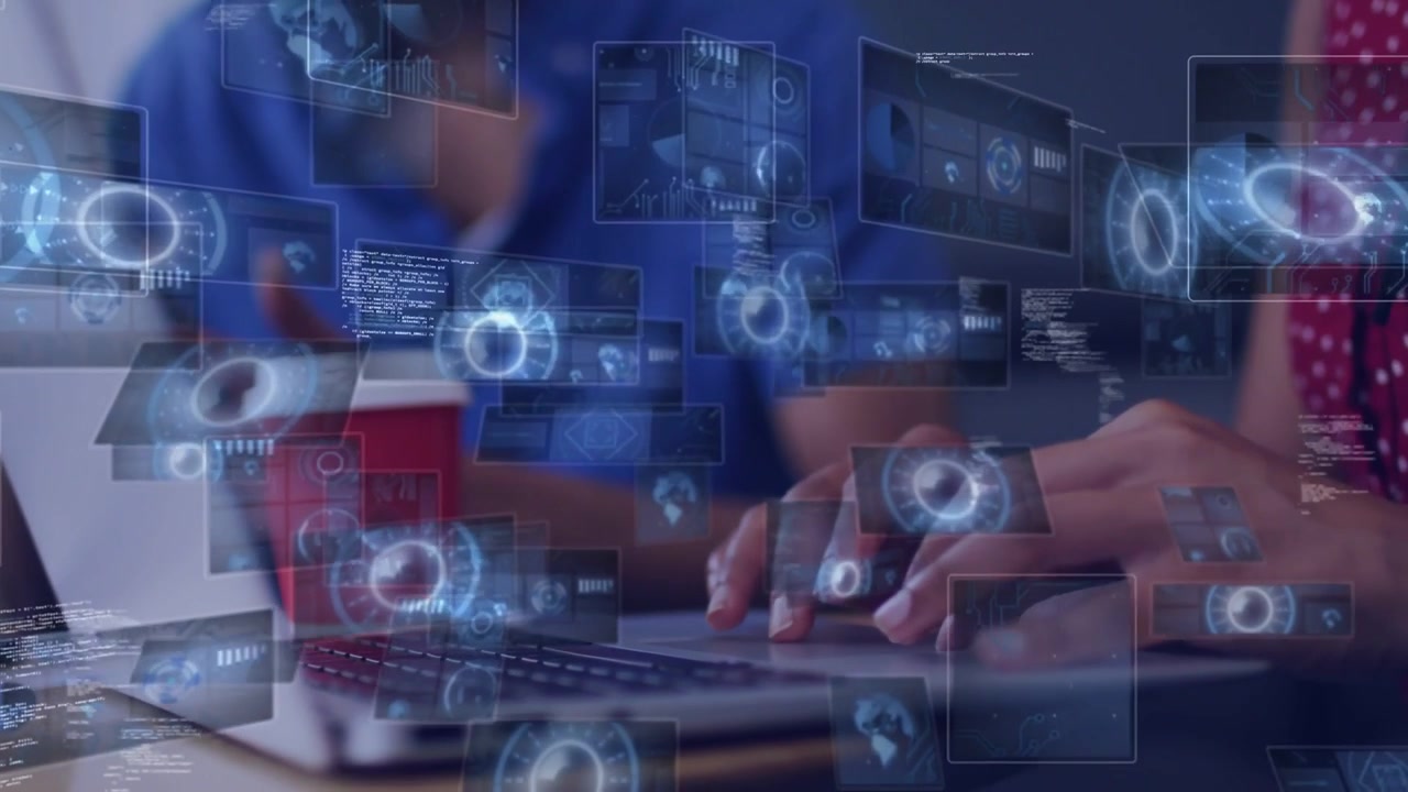 Typing red polka-dot blouse entering laptop data at table, blue shirt checking phone, HUD rising
