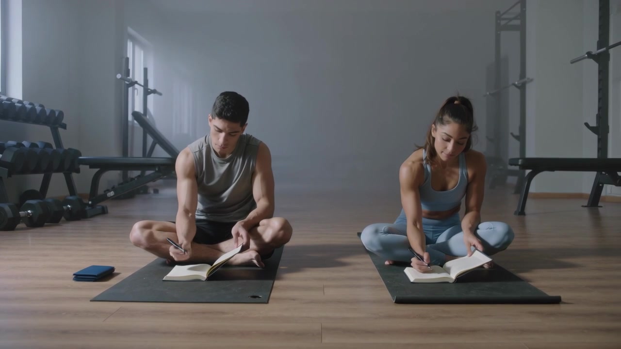 Aprendo gli occhi, una coppia in abbigliamento da allenamento chinata, che sfoglia pagine e prende appunti su libri su tappetini da palestra, studiando.