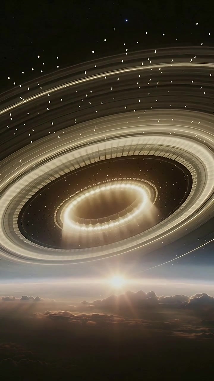 Vertical video: Rotating huge rings moving from orbit as sunrise lighting clouds, glowing torus