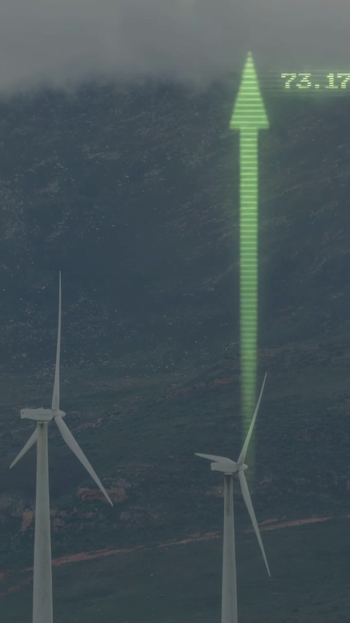 Turbine che ruotano, dati che arrivano formando frecce dalle turbine che mostrano numeri sull'energia, per poi svanire.