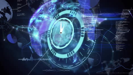 animation of scope scanning with data processing over globe with connections on black background