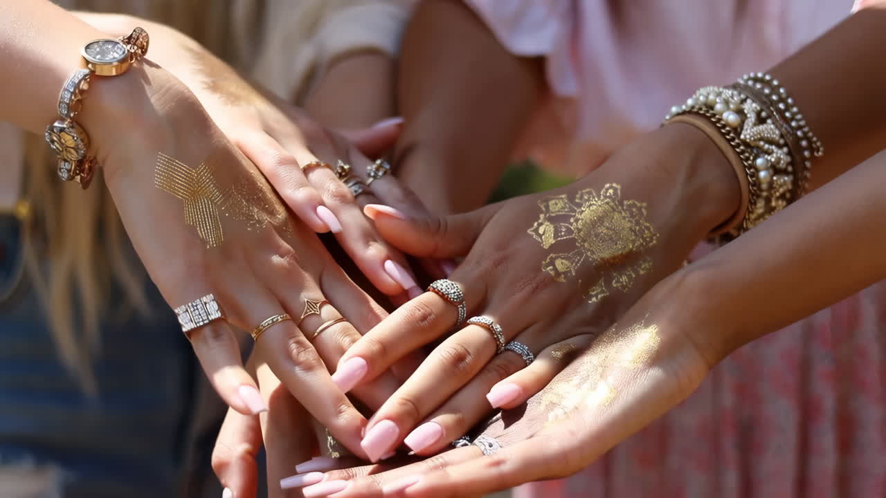 Close-up of women's hands adorned with fashion jewelry and gold temporary tattoos, stacked together