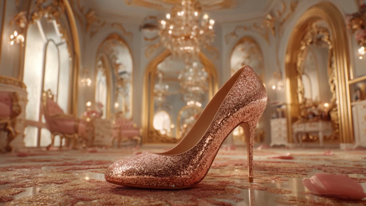Glimmering Elegance: A Stunning Close-Up of a Sparkling High Heel Shoe Set Against a Luxurious and Opulent Interior, Highlighting Glamour and Fashion