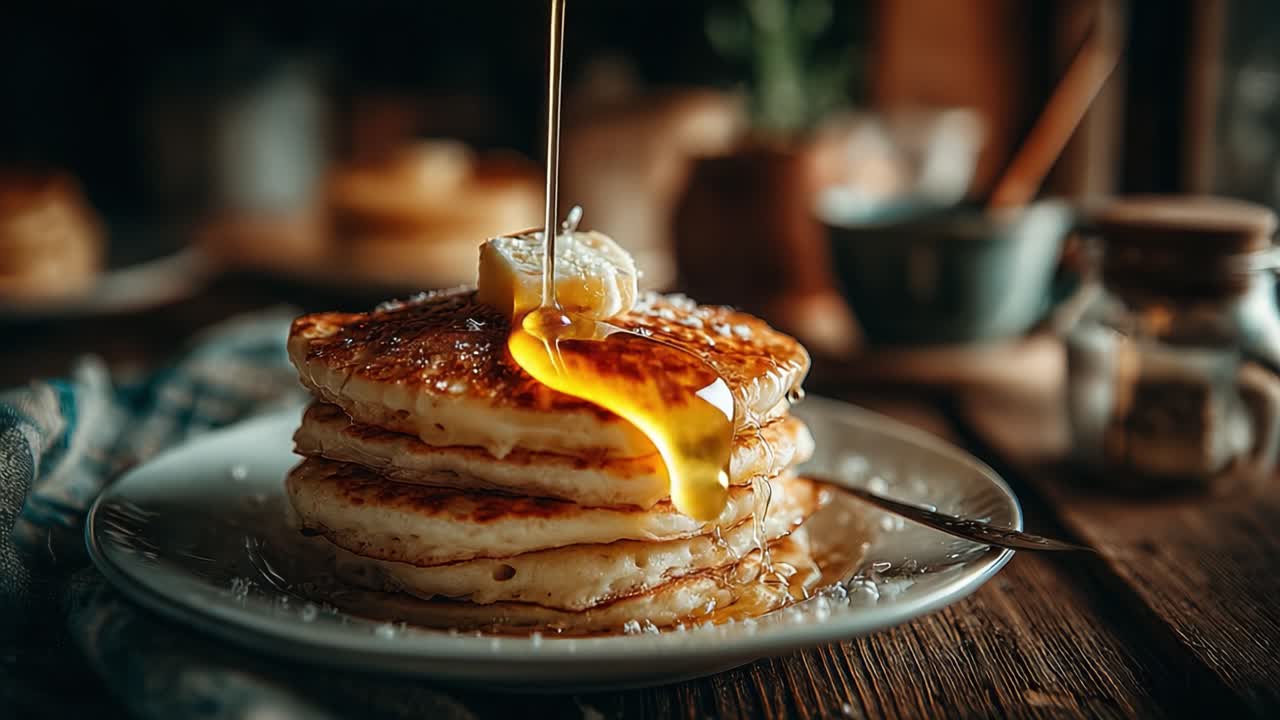 Deliciously Stacked Pancakes with Melted Butter and Drizzling Syrup, Perfectly Captured in a Cozy Breakfast Setting, Highlighting the Warmth and Comfort of Morning Meals