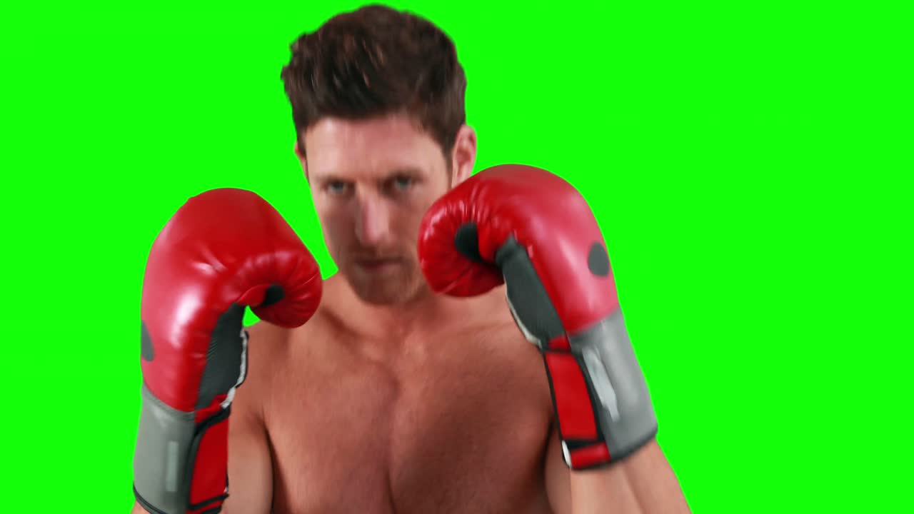 musculoso serio con guantes boxeador practicando