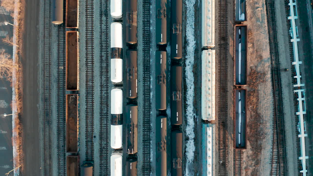 Aerial shot of train yard full of cargo trains
