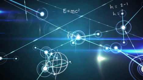 Animation-of-lens-flares,-dots-connected-with-lines-over-mathematical-equation-and-diagrams