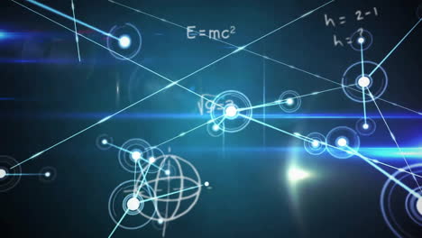 Animation of lens flares, dots connected with lines over mathematical equation and diagrams