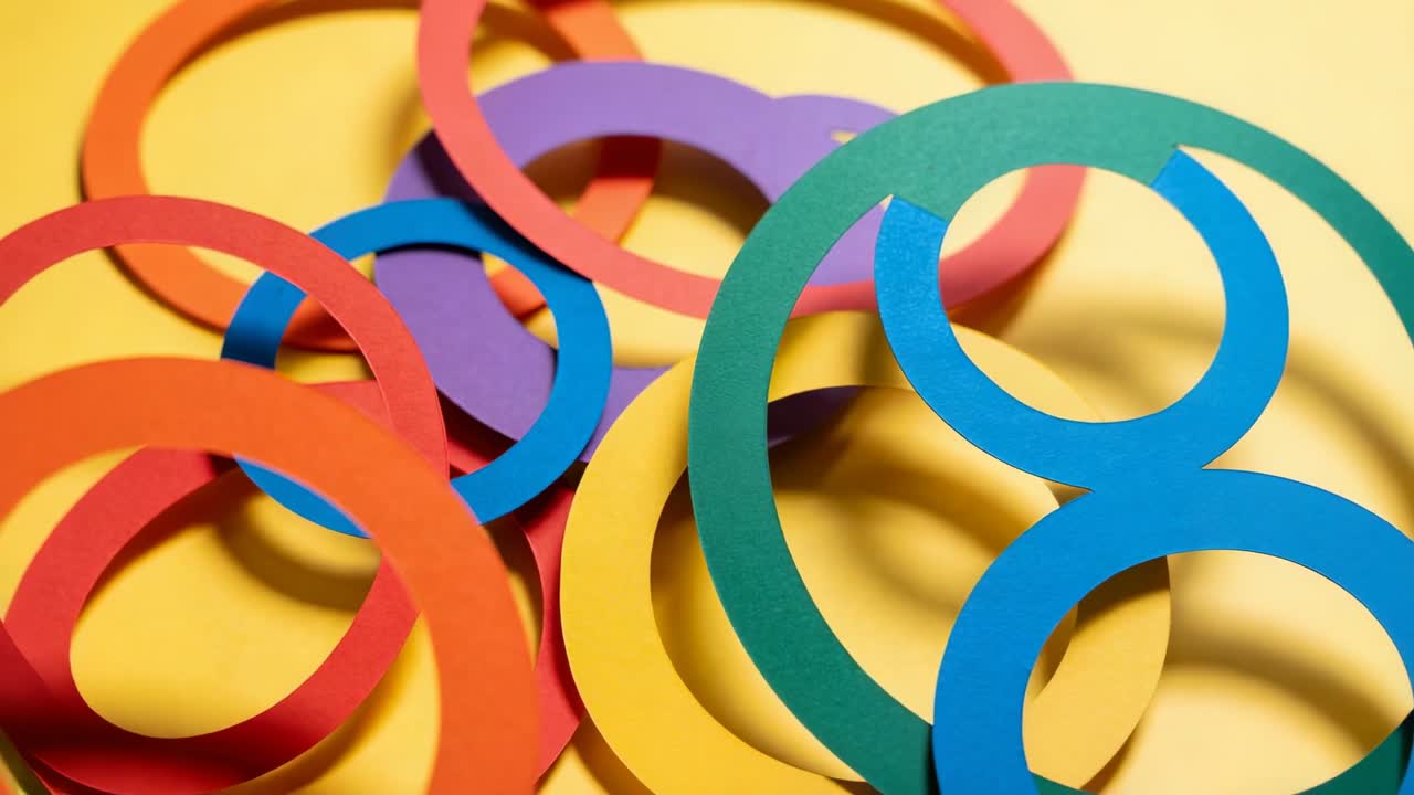 Pulling back camera revealing interlocking bright color paper rings on yellow mat to show shadows