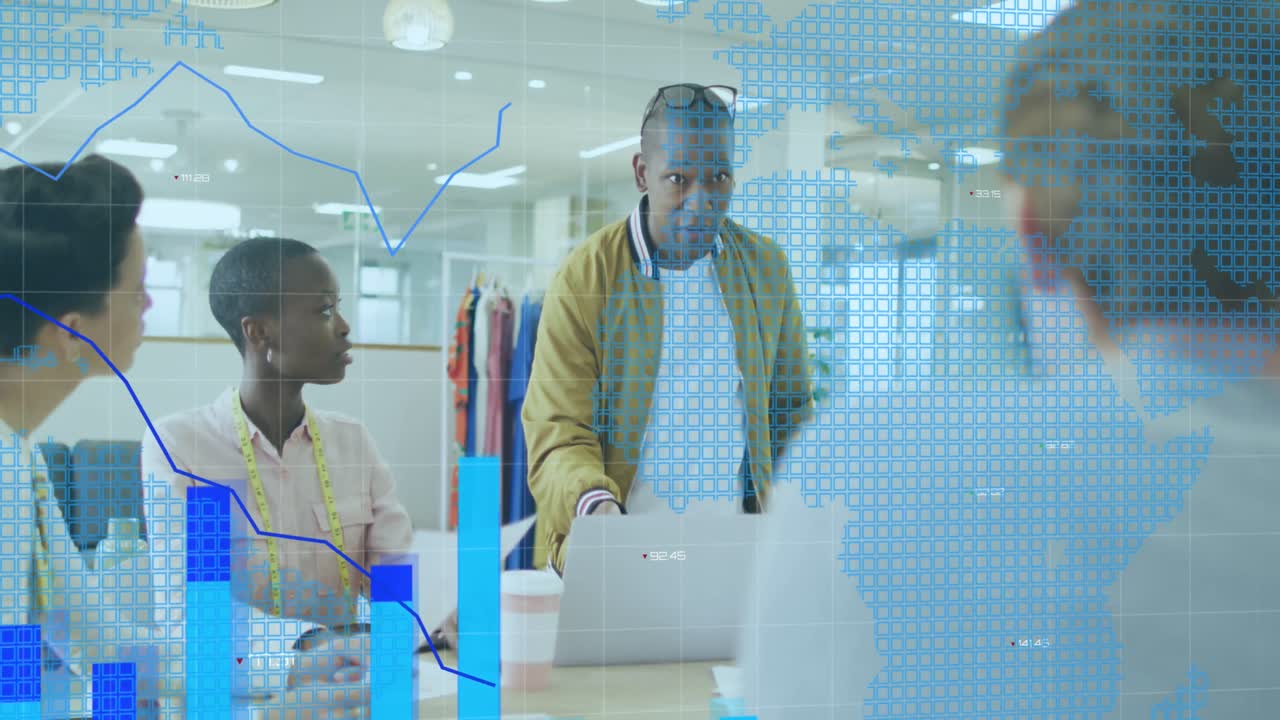 Animation of data processing and world map over diverse business people at office
