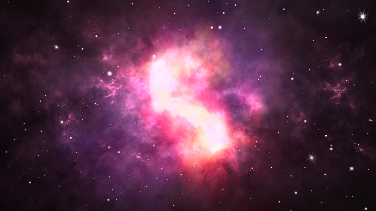 Flying through Orion Space Nebula and Stars Night Sky.