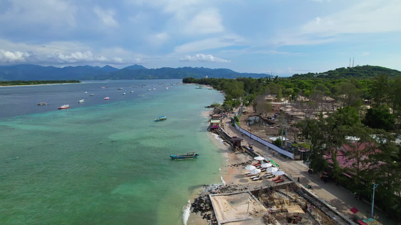 Pristine tropical Island coastline aerial, Gili Trawangan Indonesia