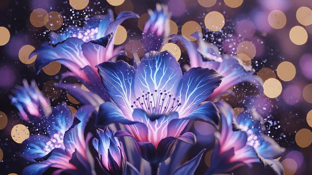 Glowing Bioluminescent Blue and Purple Flowers with Golden Bokeh Background