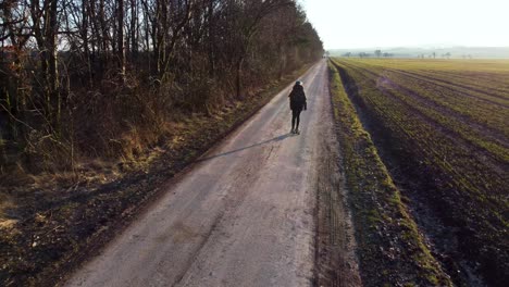 girl in a helmet riding a skateboard on a road next to a field in spring evening, aerial