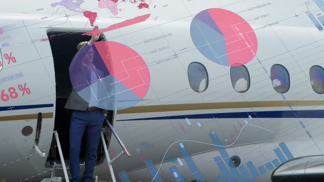 항공기의 문 앞에 서서 손을 흔들고 있는 백인 남성에 대한 인포그래픽 인터페이스 애니메이션