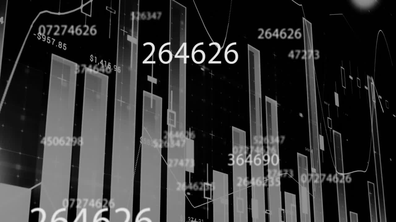 Animation of digital interface with numbers changing, financial data processing and statistics