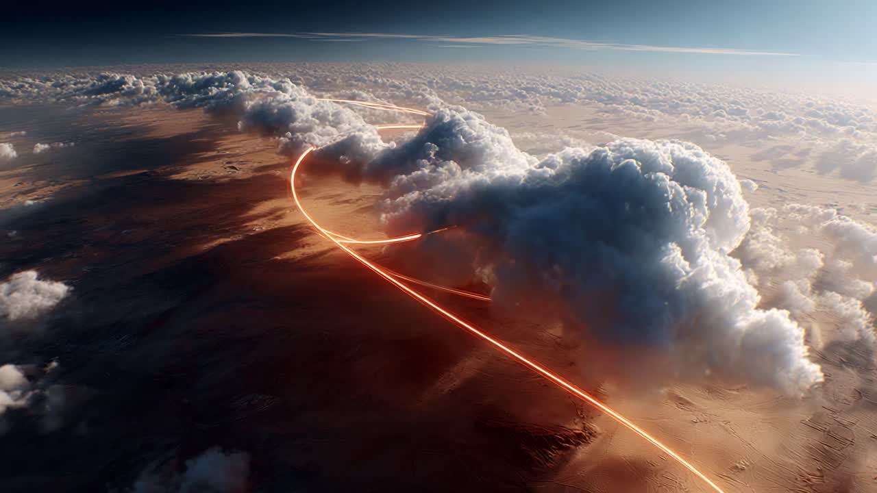 A breathtaking aerial view of dramatic clouds illuminated by a striking orange light trail, creating an ethereal contrast against the vastness of the earthly landscape below