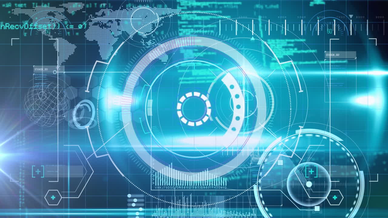 범위 스캐닝의 애니메이션, 파란색 배경의 세계 지도와 함께 데이터 처리