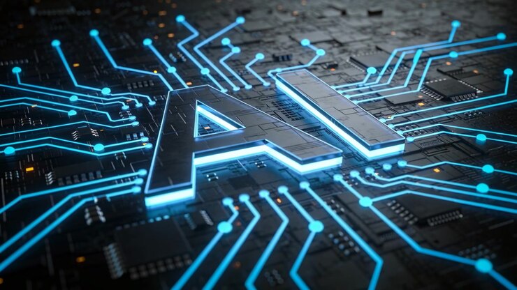 Moving camera closer, metallic 3D AI letters glowing on circuit board, highlighting blue traces
