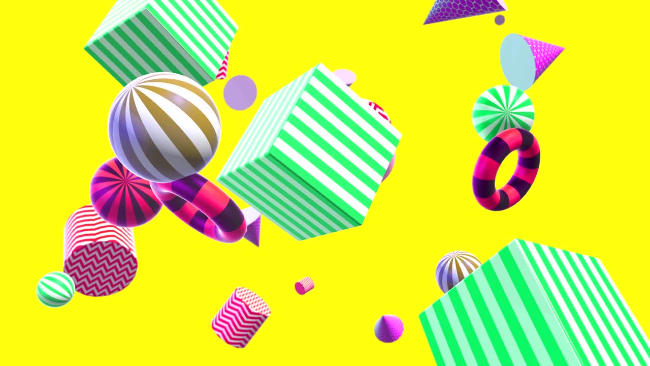 Abstract colorful background with flying or floating simple geometric forms. Multicolored decorative loopable 3d animation. Bright modern motion composition.