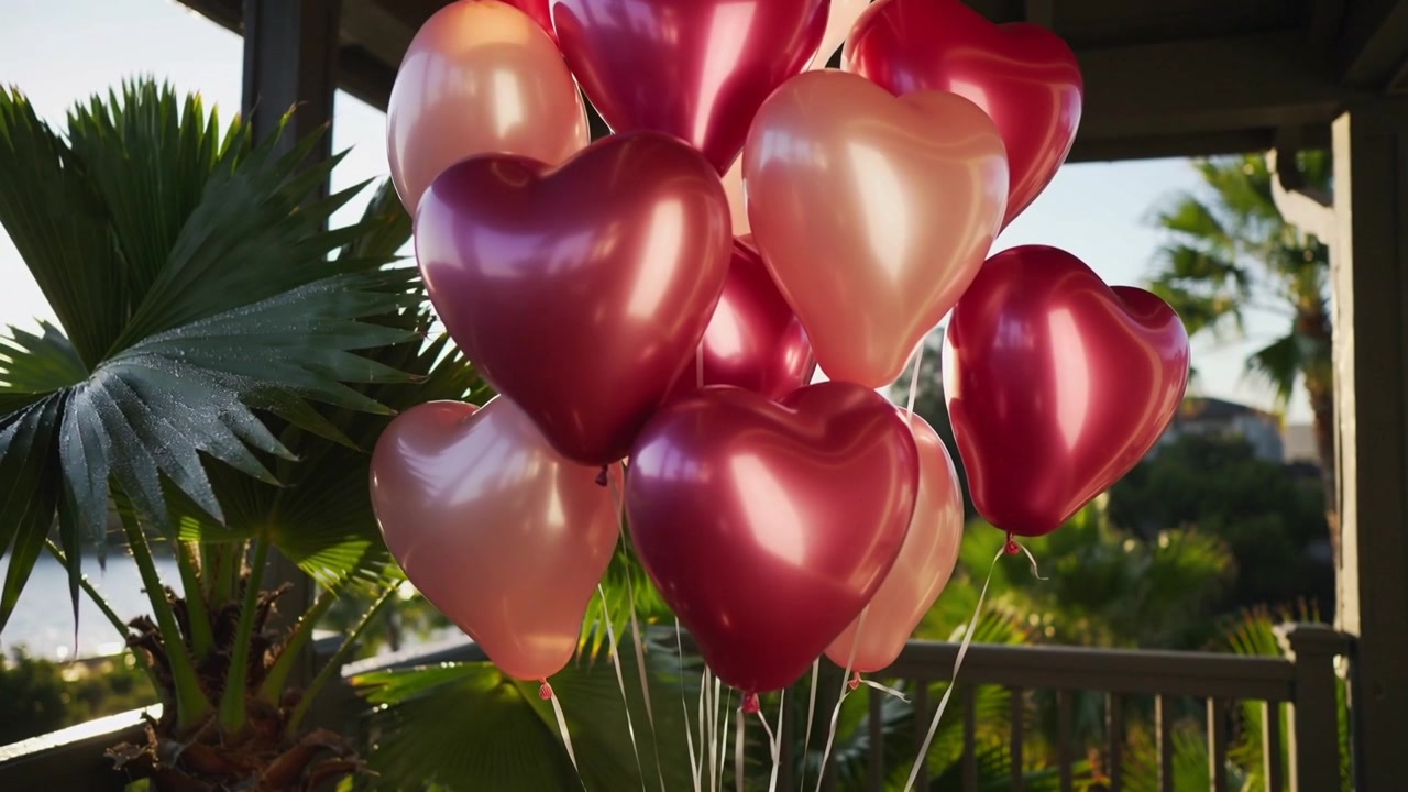 Gruppo di palloncini a forma di cuore metallici che si muovono sul portico, brezza e telecamera che rivelano palma e fili