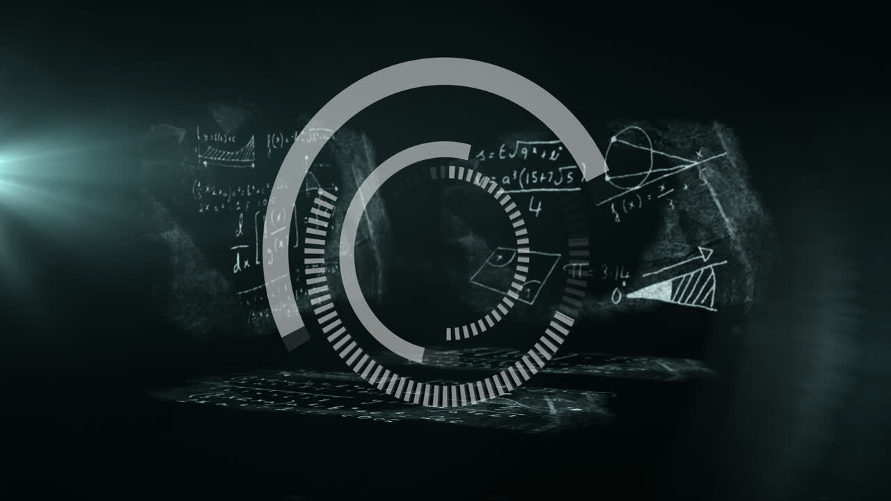 Animation of rotating digital circles over geometric diagrams and equations in school