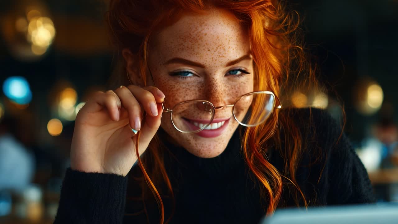A radiant young woman with vibrant red hair and striking blue eyes exudes confidence and charm while smiling warmly in a cozy, illuminated café setting