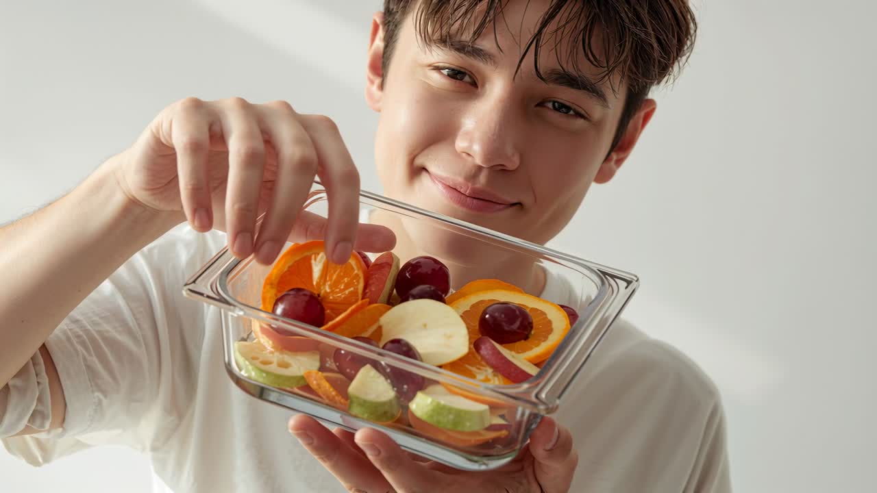 뚜껑을 들어 올리는 흰색 티셔츠를 입은 아시아인 남성이 집에서 투명 용기를 들고 포도를 옮기며 과일을 보여주고 있다.