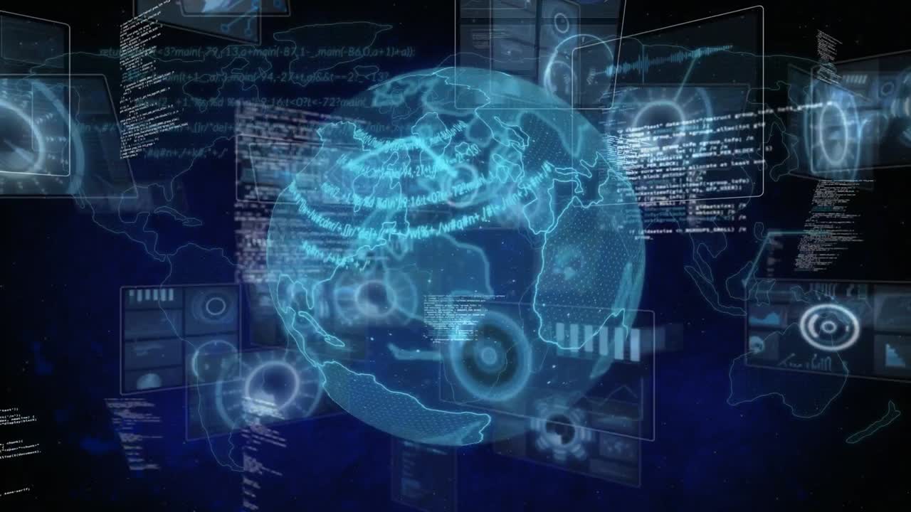 Composition of data processing on screens over globe and world map