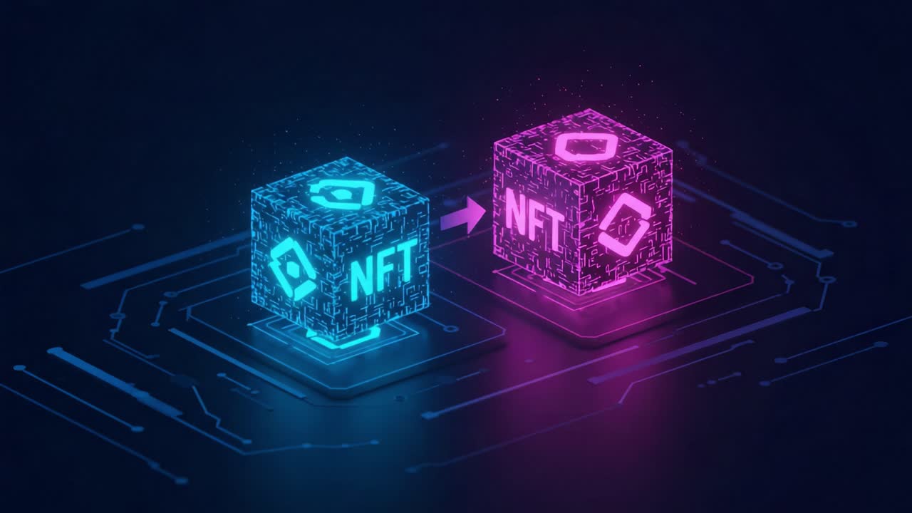A Visual Representation of NFTs: Transition Between Two Digital Cubes Symbolizing the Transformation of Assets in the Blockchain Ecosystem
